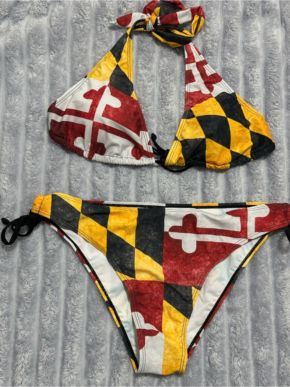 Maryland Flag Print Bikini Set — Red, Yellow, Black & White — Size L — New